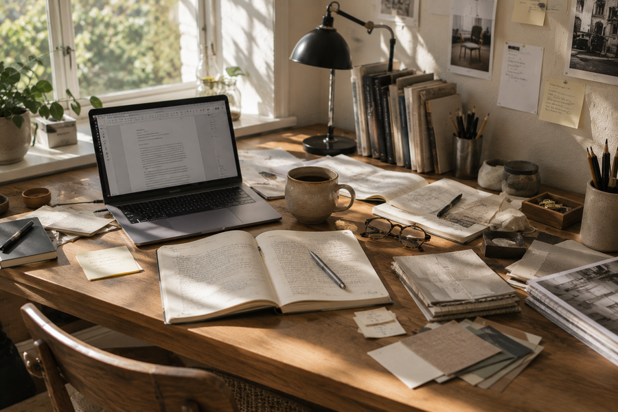 Sunlit creative desk with a laptop, open notebooks, sketches, books, and art materials.