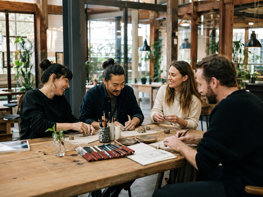 Adults participating in a screen-free creative play activity around a table.