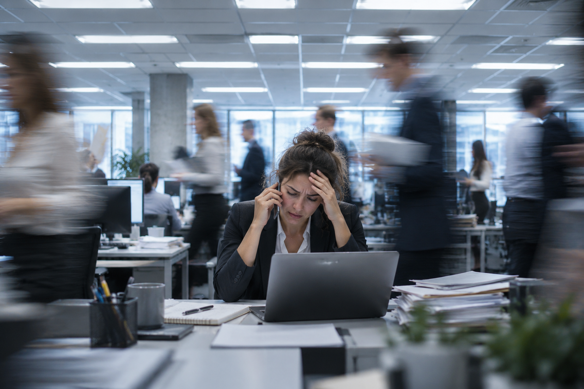 Office workers at shared desks beneath bright overhead lights.