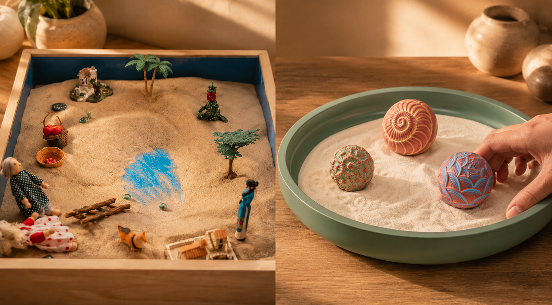 Side-by-side comparison of a sand tray with miniature figures and an Olander Wonderscape with concrete spheres.