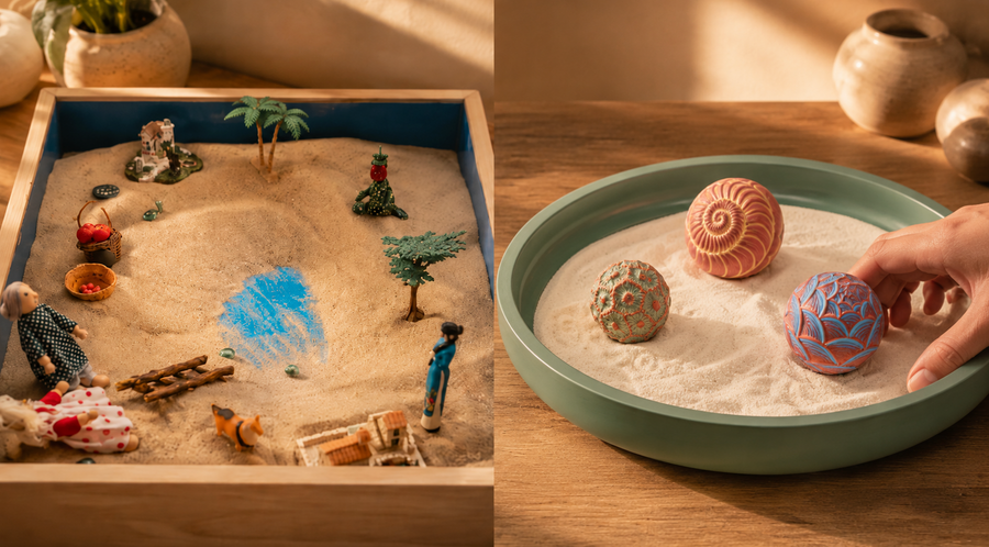 Side-by-side comparison of a sand tray with miniature figures and an Olander Wonderscape with concrete spheres.