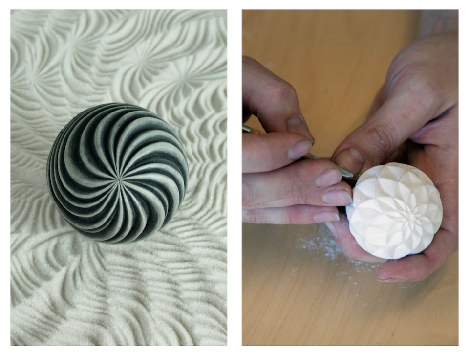 Finished Swirls Sand Sphere in patterned sand at left; Andrew carving the Petals original at right