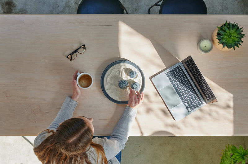 A person at a desk plays with a Wonderscape while looking at a laptop