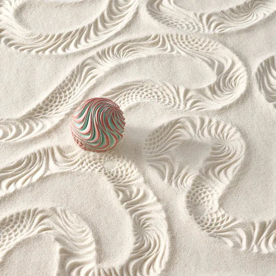 A red and blue Bloom Sand Sphere among the curling botanical prints it left in sand.